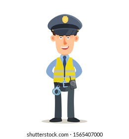 Policeman in yellow safety vest standing at the post. Police officer on duty near school. Vector illustration, flat design cartoon style. Isolated on white background.