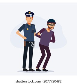 Policeman,security guard, caught the thief.Policeman holding robber hand.Flat vector 2d cartoon character illustration
