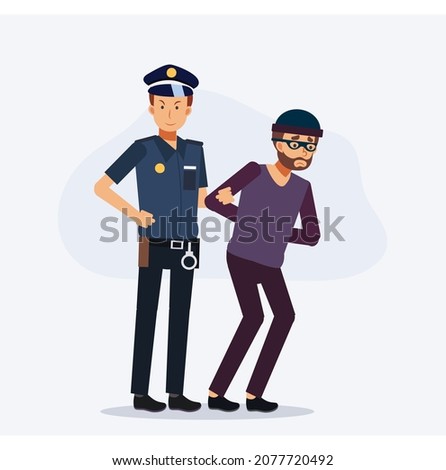 Policeman,security guard, caught the thief.Policeman holding robber hand.Flat vector 2d cartoon character illustration