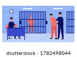 Policemen and arrested men in police department. Prison guard officer leading prisoner to cell. Vector illustration for work in police, jail worker, investigation, justice concepts