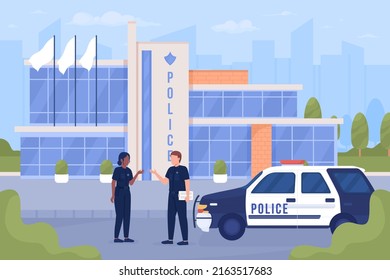 Policemen and car on city street flat color vector illustration. Police office and town security service. Fully editable 2D simple cartoon characters with cityscape on background. Bebas Neue font used