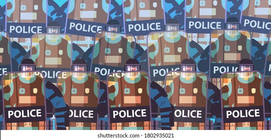 policemen in full tactical gear holding shields and batons riot police officers standing together demonstrations control concept horizontal vector illustration