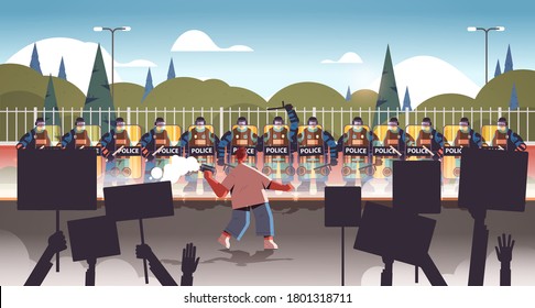 policemen in full tactical gear riot police officers controlling street protesters with placards during clashes demonstration protest riots mass concept horizontal vector illustration