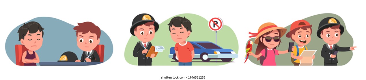 Policemen kids helping tourists showing way, interrogating suspect, writing parking fine to car owner set. Police officer people working. Police service. Flat vector isolated character illustration