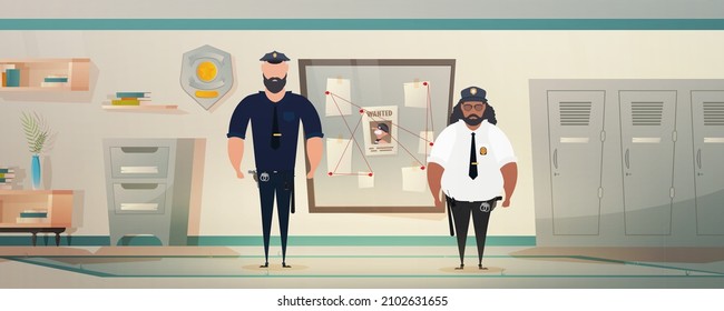 Policemen or militiamen in Police station or department, investigation office room interior, cartoon illustration. Vector