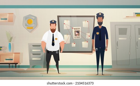 Policemen or militiamen in Police station or department, investigation office room interior, cartoon vector illustration.