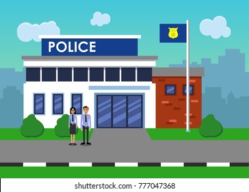 Policemen on the background of the police station. Vector illustration.
