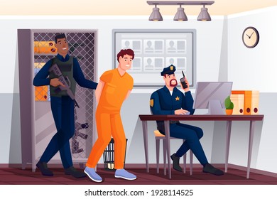 Policemen And Prisoner In Police Station Scene. Security Department Office Vector Illustration. Guard With Gun Leading Suspect, Guy At Desk Working On Computer With Phone.