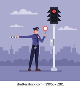 Policemen standing next a traffic light. Vector flat graphic design cartoon illustration 