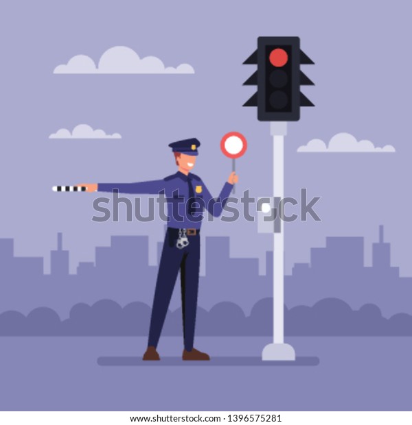 Policemen standing next a traffic light.\
Vector flat graphic design cartoon illustration\
