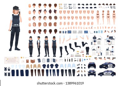 Policewoman animation set or DIY kit. Bundle of female police officer body parts, faces, hairstyles, uniform, clothing and accessories isolated on white background. Flat cartoon vector illustration.