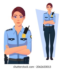 Policewoman With Arms Folded, Wearing blue Uniform Premium Vector