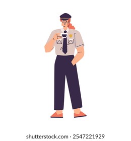 Policewoman Character in Uniform with Tie Drink Coffee Vector Illustration