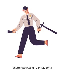 Personagem de Policial em Uniforme com Gravata executado com Lanterna e Baton Vetor Ilustração