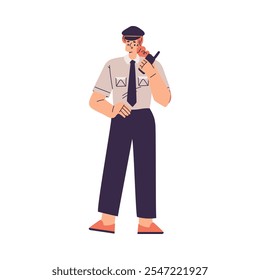 Policewoman Character in Uniform with Tie Stand with Walkie Talkie Vector Illustration