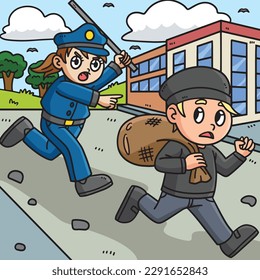 Policewoman Chasing Thief Colored Cartoon