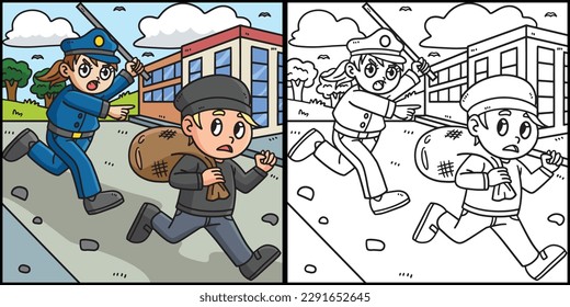 Policewoman Chasing Thief Coloring Illustration