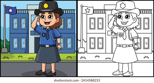 Policewoman Coloring Page Colored Illustration