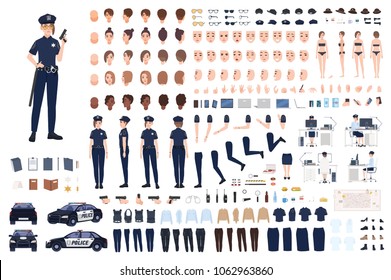 Policewoman constructor or DIY kit. Collection of female police officer body parts, facial expressions, hairstyles, uniform, clothing and accessories isolated on white background. Vector illustration. Policewoman constructor or DIY kit. Collection of female police officer body parts, facial expressions, hairstyles, uniform, clothing and accessories isolated on white background. Vector illustration.