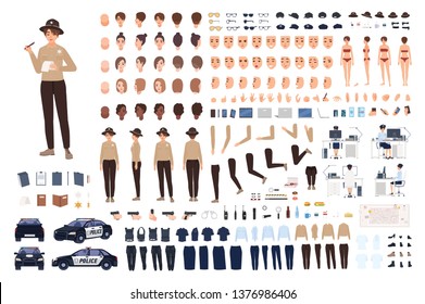 Policewoman constructor set or animation kit. Collection of female police officer body parts, gestures, postures, clothes or uniform isolated on white background. Flat cartoon vector illustration.