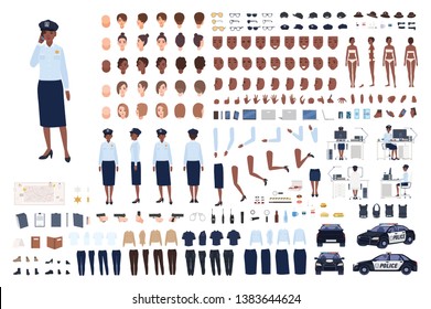 Policewoman constructor set or DIY kit. Bundle of female police officer body parts, gestures, poses, emotions, work uniform, workplace isolated on white background. Flat cartoon vector illustration.