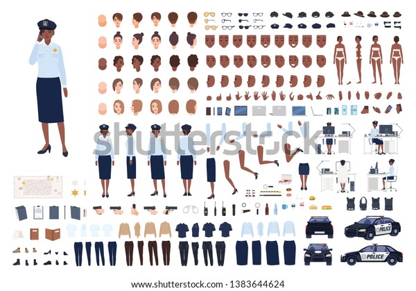 Policewoman constructor set or DIY kit.\
Bundle of female police officer body parts, gestures, poses,\
emotions, work uniform, workplace isolated on white background.\
Flat cartoon vector\
illustration.