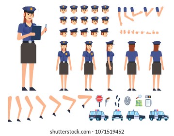 Polizeiweibliche Schöpfungskit. Erstellen Sie Ihre eigene Pose, Aktion, Animation. Verschiedene Emotionen, Gesten, Design-Elemente. Flaches Design-Vektorillustration-Illustration