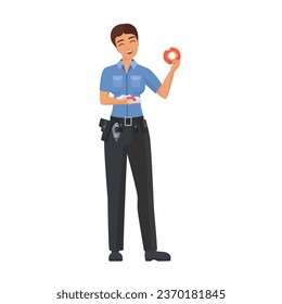 Policewoman eating donuts. Female police officer having lunch, working break cartoon vector illustration