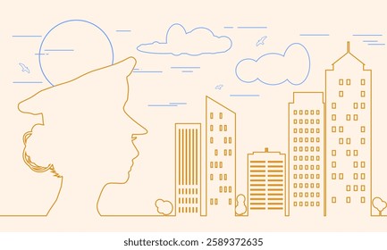 Policewoman face side view icon featuring buildings icons. Elegant silhouettes of a female head. Avatar profile sign.