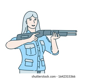 Policewoman holding weapon vector illustration isolated on white background. Security guard in uniform protects law and order color outline character. Cartoon concept of police officer.