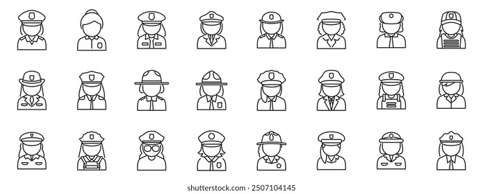 Policewoman icons set. Set of diverse women police officers and law enforcement professionals icons showing gender equality