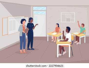 Policewoman instructing students flat color vector illustration. Learning safety rules. Career day in school. Fully editable 2D simple cartoon characters with classroom on background