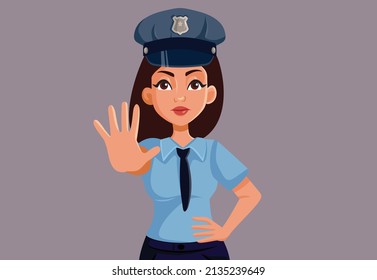 
Policewoman Making Stop Hand Gesture Vector Cartoon Illustration. Police officer gesturing enforcing law and order in traffic
