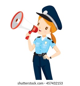 Policewoman With Megaphone Announcement, Events, Ad, Announcer, Voice, Profession, Patrol, Security, Duty