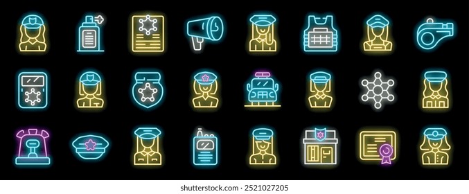 Policewoman neon icons set bright signboard with law enforcement officer, police station, patrol car, walkie talkie, siren, policewoman certificate and more