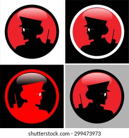 Policewoman. Policewoman on the shiny button. Policewoman head. A set of Policewoman head isolated on shiny color.