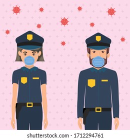 Policewoman and policeman with masks against 2019 ncov virus design of Covid 19 cov infection disease symptoms and medical theme Vector illustration