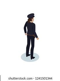 Policewoman realistic vector projection from back view. Police-station female representative in uniform and holster for service weapon or gun icon.