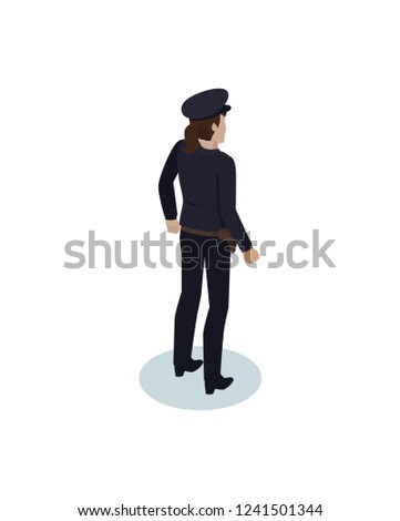 Policewoman realistic vector projection from back view. Police-station female representative in uniform and holster for service weapon or gun icon.