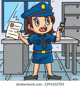 Policewoman Reporting Colored Cartoon Illustration