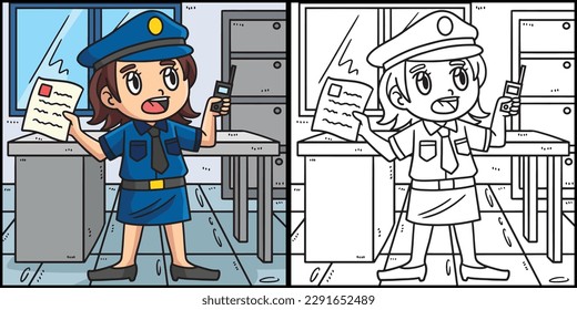 Policewoman Reporting Coloring Page Illustration