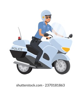 Policewoman riding motorcycle. Patrol police officer on motorbike cartoon vector illustration