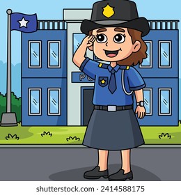 Policewoman Salute Colored Cartoon Illustration