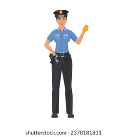 Policewoman shows police badge. Police officer shows identification badge cartoon vector illustration
