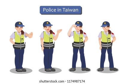 Policewoman in Taiwan wearing summer uniform and  safety vest.