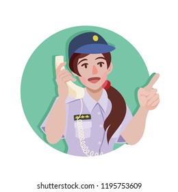 Policewoman in Taiwan wearing summer uniform talking on the phone.