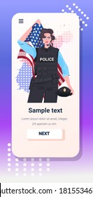 policewoman in uniform holding USA flag happy labor day celebration online communication self isolation concept female police officer on smartphone screen portrait vertical vector illustration
