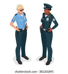 Policewoman in uniform. Realistic flat 3d isometric vector illustration. Officer woman isolated on white. 