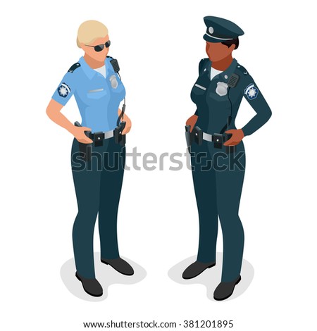 Policewoman in uniform. Realistic flat 3d isometric vector illustration. Officer woman isolated on white. 