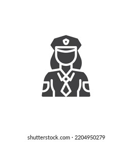 Policewoman vector icon. filled flat sign for mobile concept and web design. Woman police officer glyph icon. Symbol, logo illustration. Vector graphics